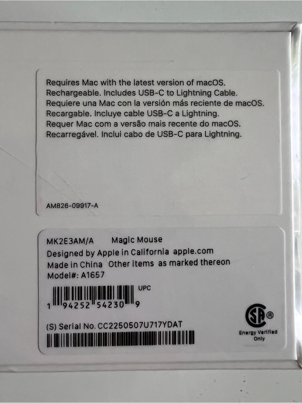 Apple Magic Mouse Wireless Rechargeable Optical Mouse White Factory Sealed